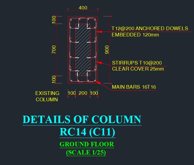 Column jacketing detail with dowels and reinforcement